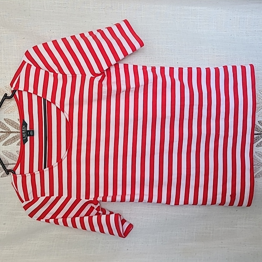 EUC Lauren Ralph Lauren woman's red and white striped shirt. Size Petite Medium.